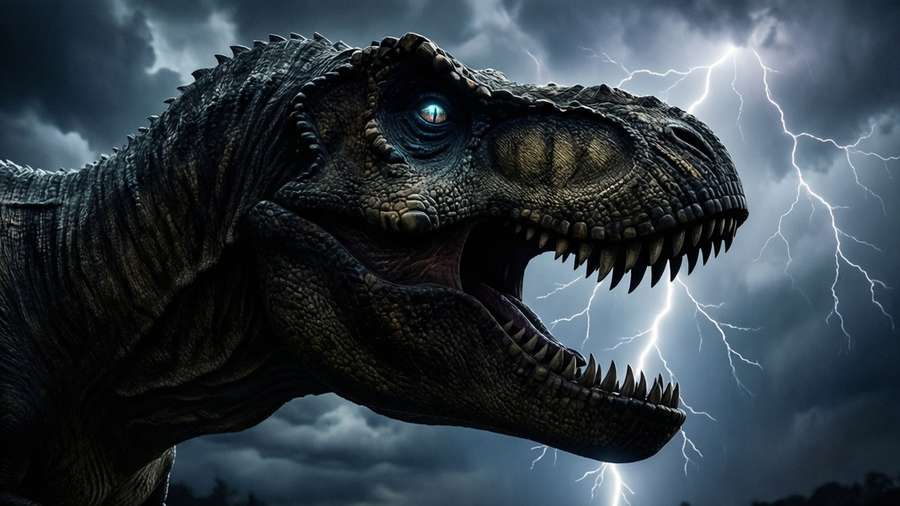 T-Rex head roaring silhouette with lightning storm wallpaper. — T Rex Silhouette Wallpaper
