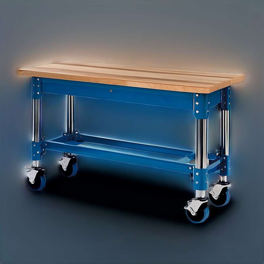 Blue industrial workbench with wooden top and casters in studio lighting. — Table PNG