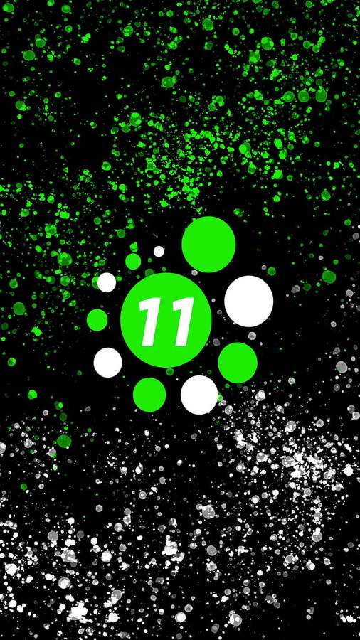 Número 11 verde com círculos brancos em um fundo preto salpicado. — Tablet Android Papéis de Parede