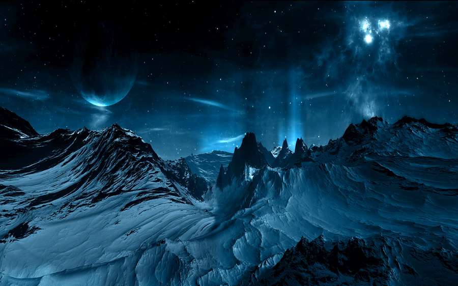 Cordillera nevada bajo un cielo nocturno cósmico con auroras y un planeta. — Tableta Samsung Fondos de pantalla