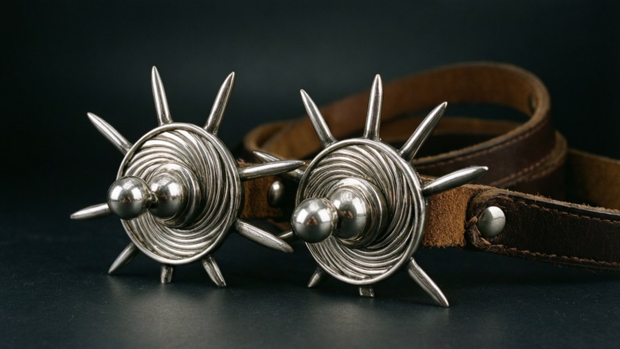 A close-up of polished spurs on a dark background. — Tack Wallpaper