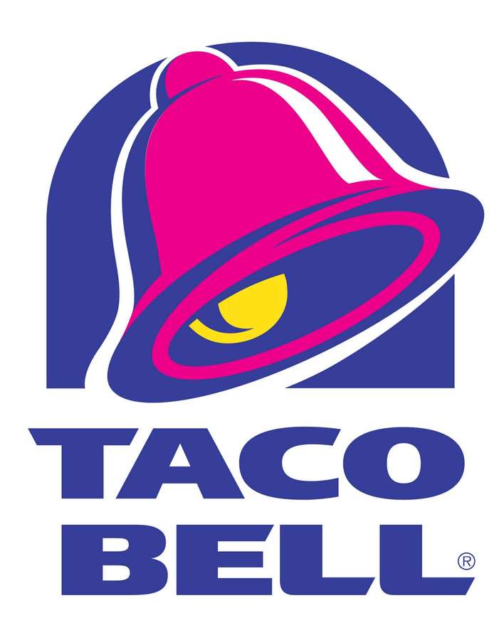 Taco Bell-Logo mit einer rosa Glocke mit gelbem Halbmond und blauem Text. — Taco Bell Bilder