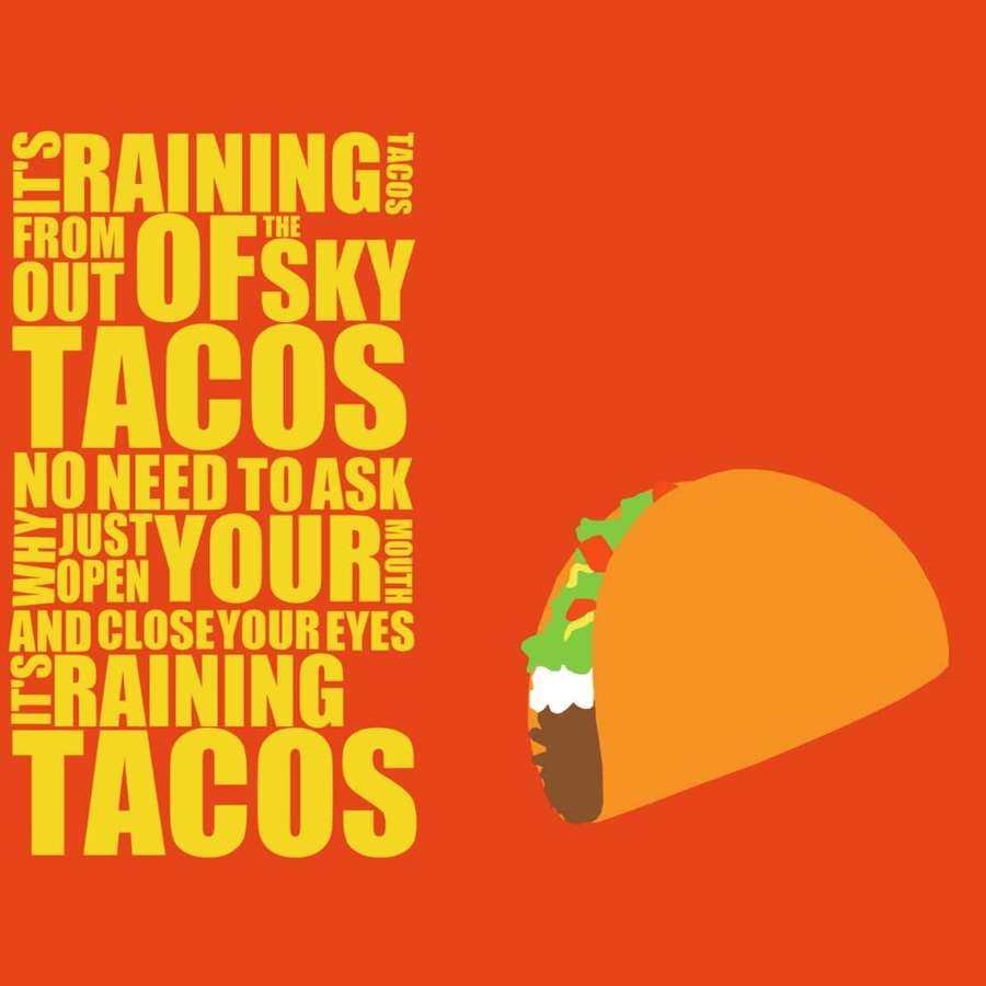 Grafikdesign mit Text, der besagt, dass es Tacos vom Himmel regnet, und einer Taco-Illustration — Taco Hintergrundbild