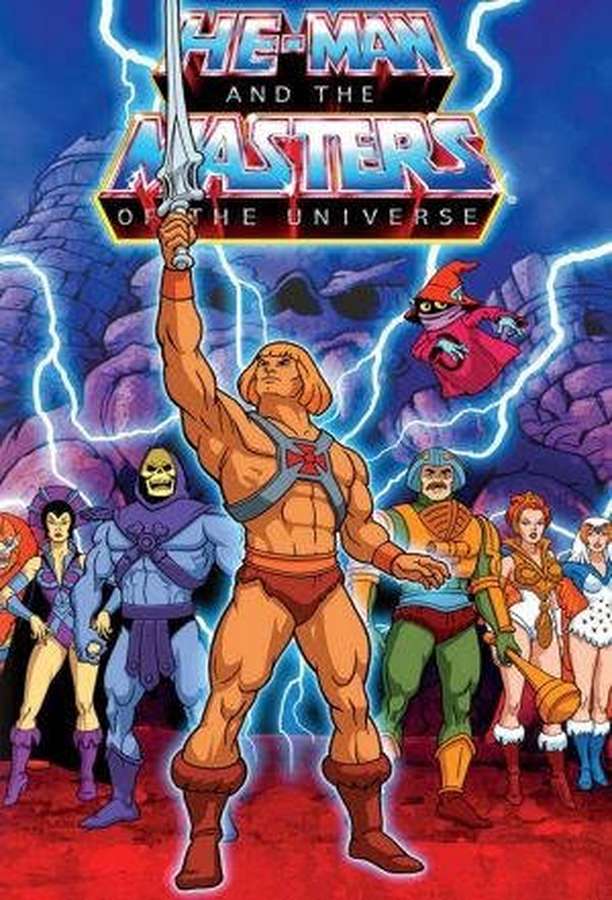 He-Man ja hänen Masters of the Universe -tiiminsä dynaamisessa toiminta-asennossa salamavaikutuksilla. — Taide iPhone Taustakuvat