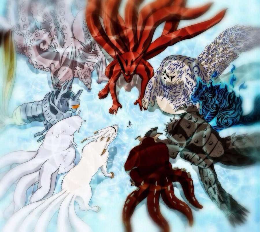 Tujuh binatang berekor melingkari seorang ninja dalam pusaran biru bercahaya. — Tailed Beasts Wallpaper