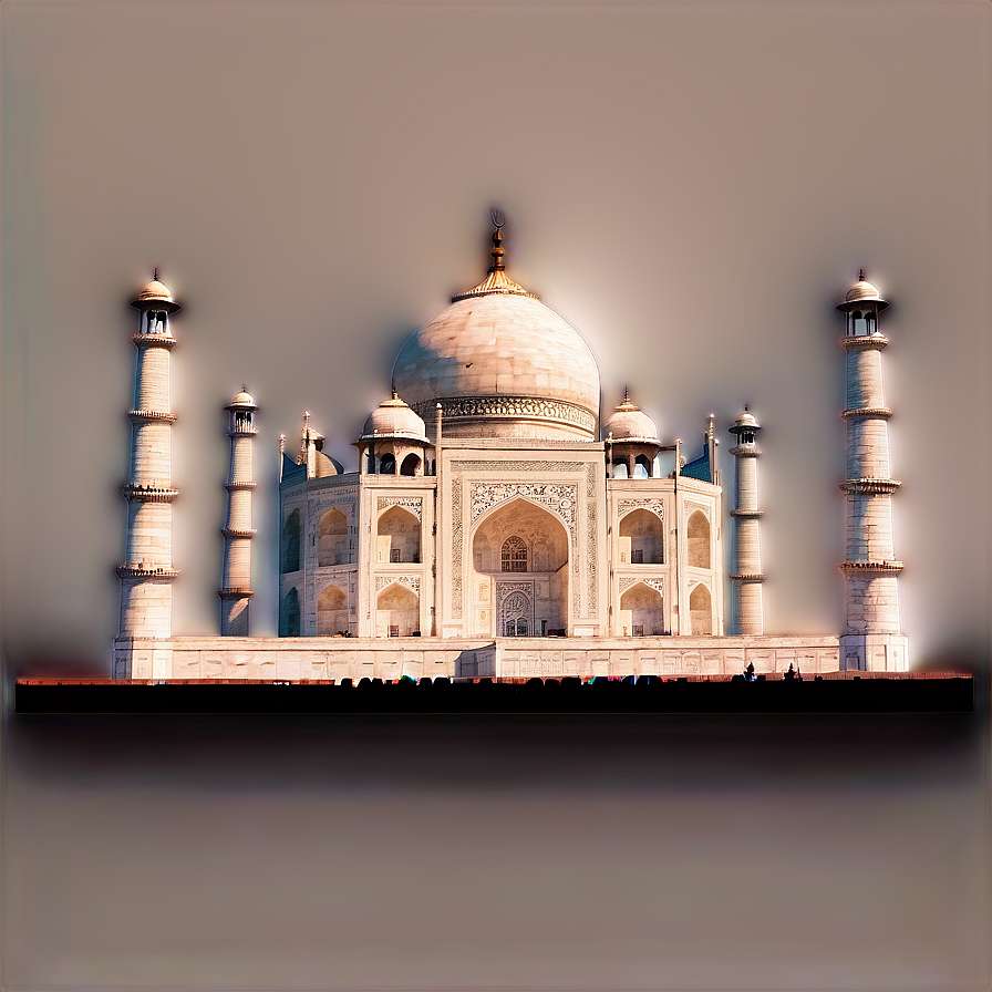 The Taj Mahal monument with its iconic dome and minarets under soft light. — Taj Mahal PNG