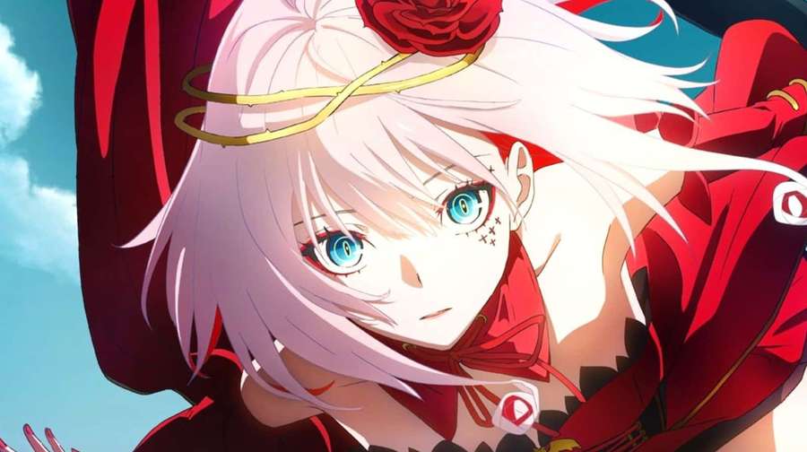 Anime girl with white hair blue eyes and red rose crown looking intensely upward. — Takt Op Destiny Wallpaper