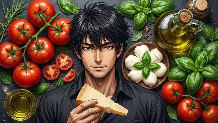Artistic flat lay of Takumi Aldini with Italian ingredients, vibrant colors. — Takumi Aldini Wallpaper