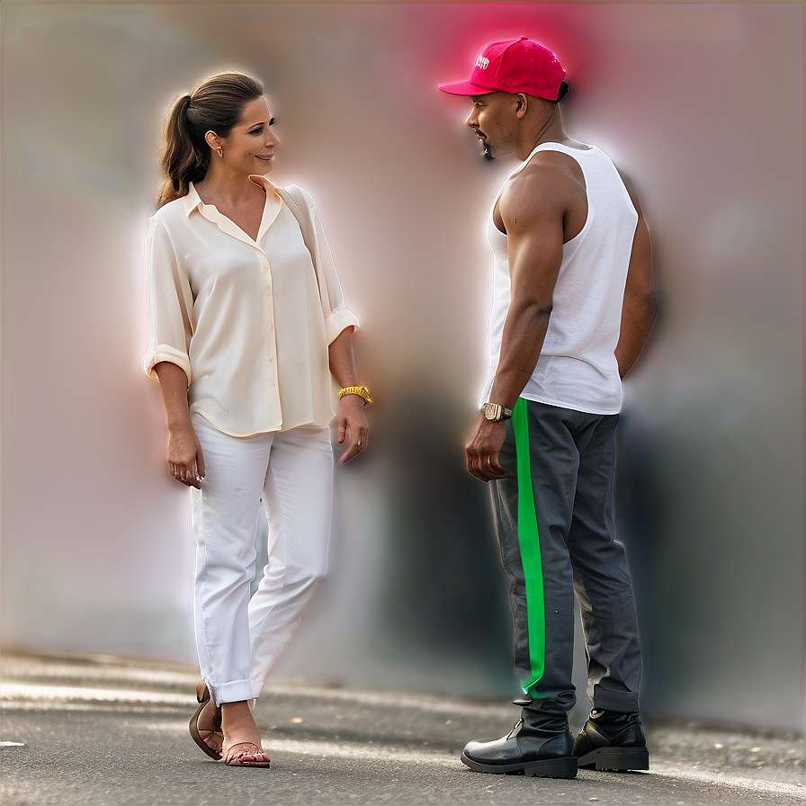 A man and woman smiling at each other on a city street. — Talk PNG