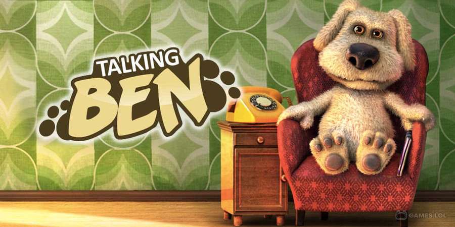 Fluffy animated dog in red chair next to vintage phone on wooden side table. — Talking Ben Wallpaper