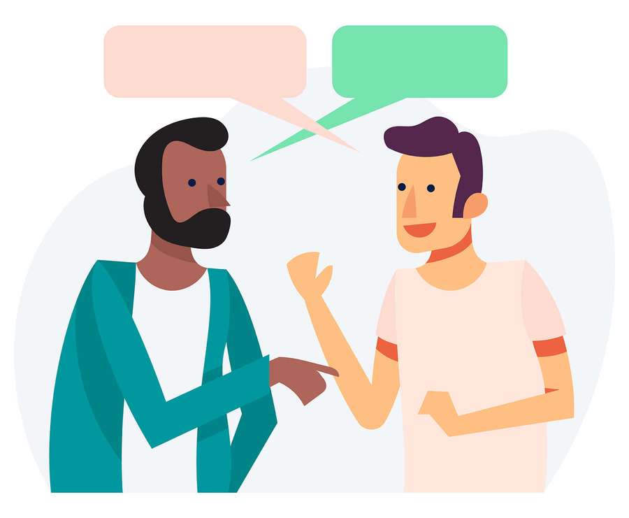 Two men talking with speech bubbles above their heads. — Talking Picture