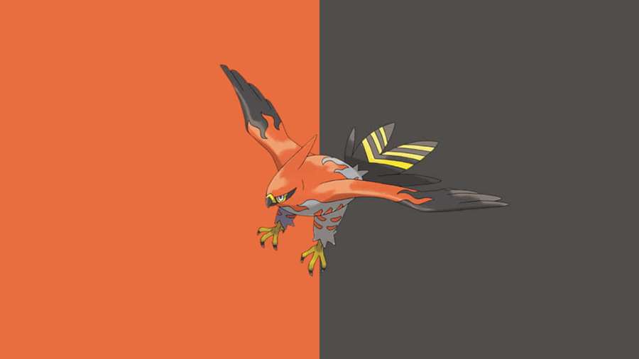 A fiery bird Pokémon flying across an orange and gray split background. — Talonflame Wallpaper