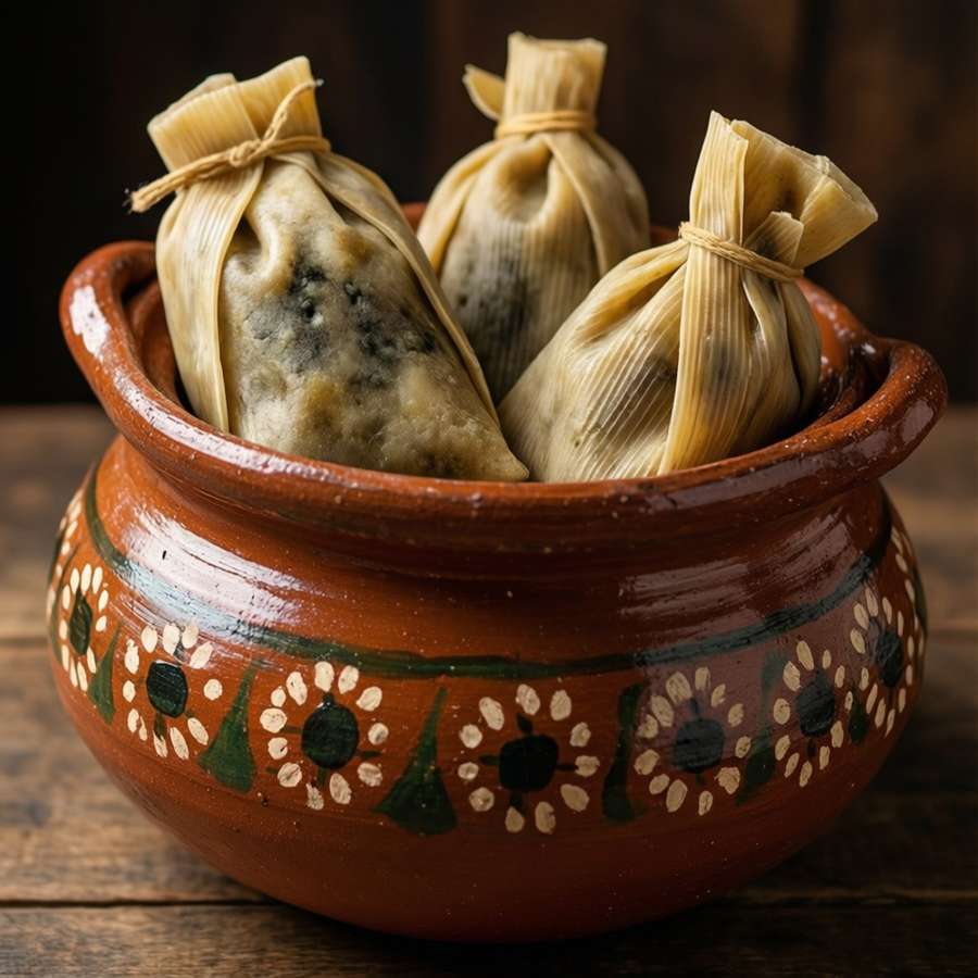 Traditional tamales in a decorative clay pot, earthy tones and warm light. — Tamales Wallpaper