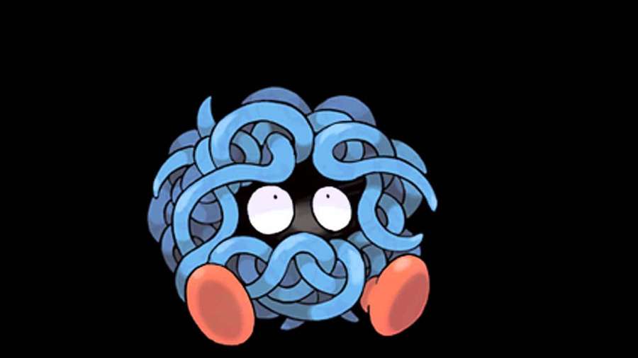 Blue octopus-like cartoon creature with big eyes and orange feet on black background. — Tangela Wallpaper