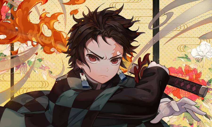 Anime warrior with fiery hair and sword in dynamic pose against floral and flame background. — Tanjiro Wallpaper