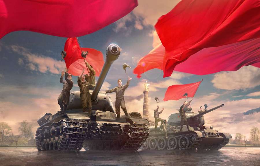 Soldiers on tanks waving red flags in a victory celebration. — Tanks Wallpaper