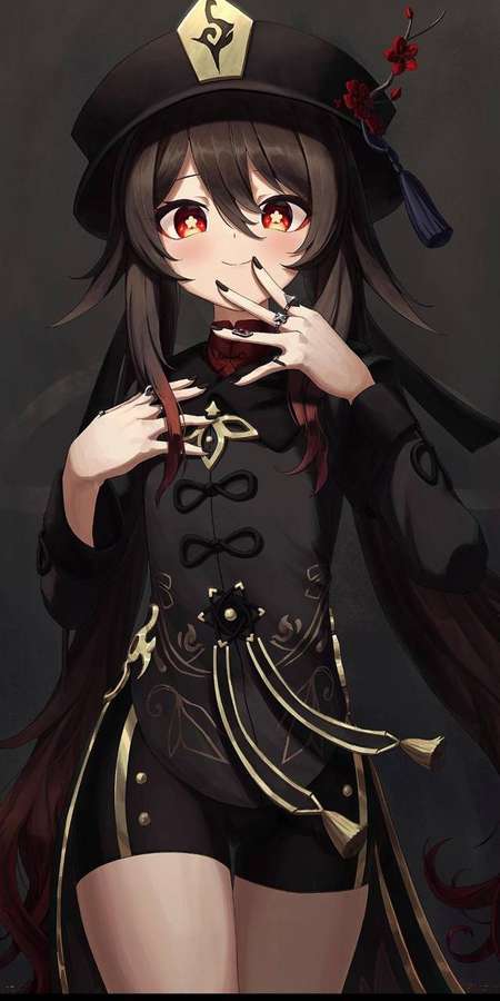 Anime girl in black and gold uniform with red eyes and cherry blossom accents. — Tao Wallpaper