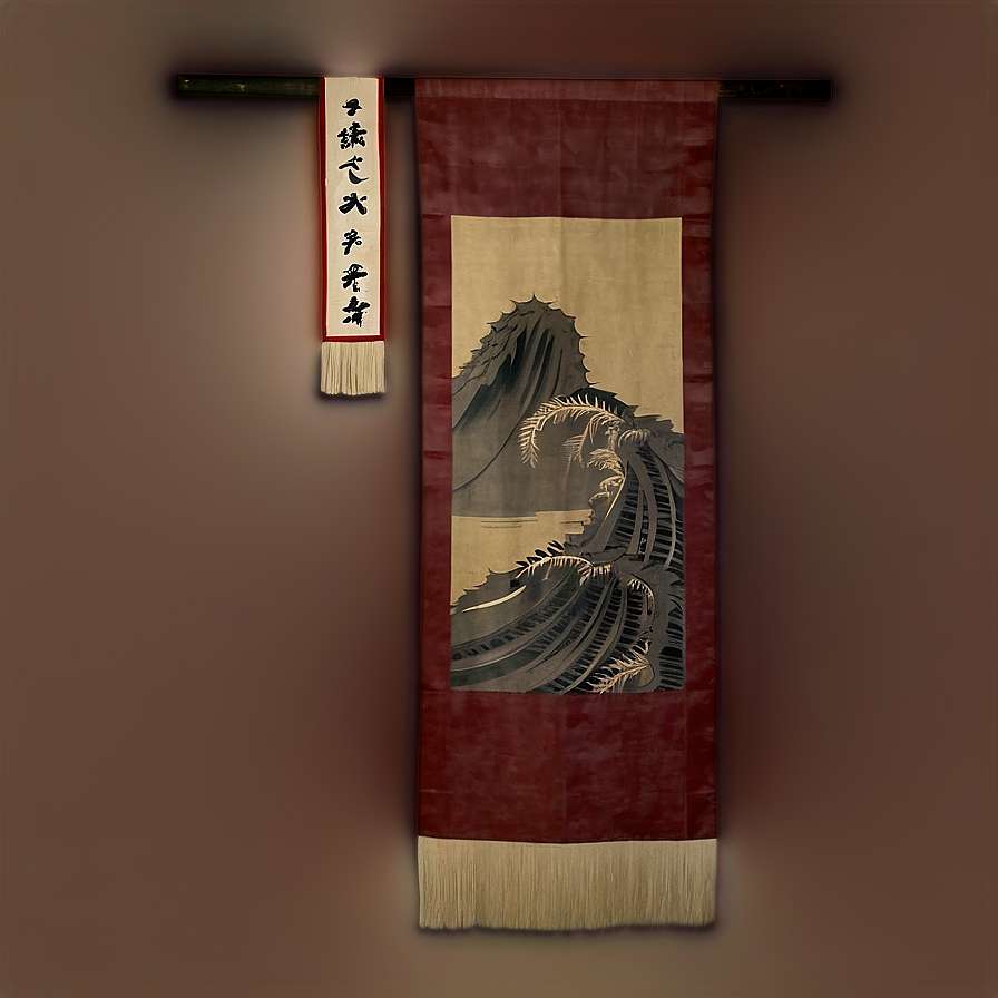 Japanese wave scroll art with red velvet border and gold fringe hanging on wall — Tapestry PNG