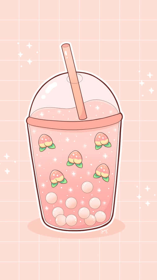 Rosa bubbelte med persikotoppingar och pärlboba på en rutnätsbakgrund. — Tapioka bakgrund Bakgrundsbilder