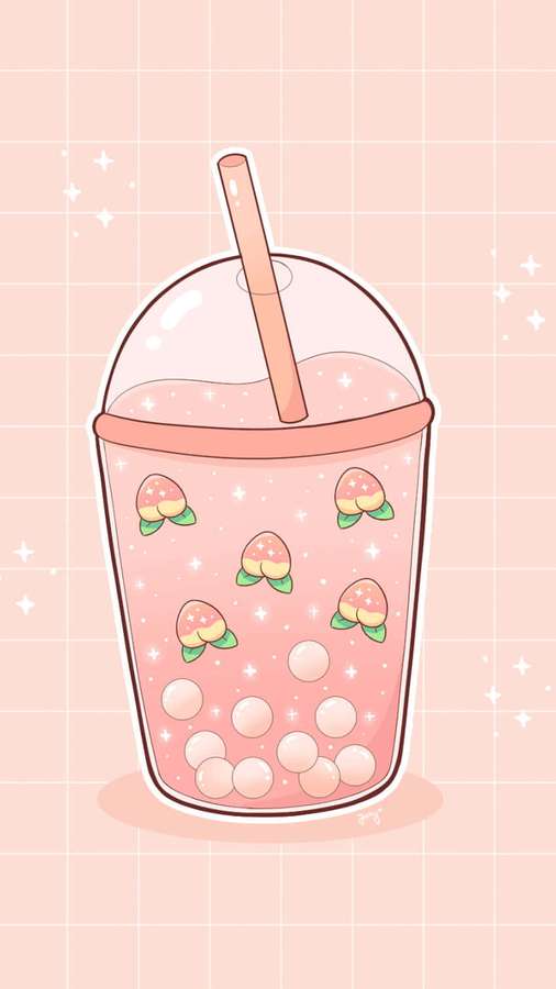 Pinker Bubble Tea mit Pfirsich-Toppings und Perlen-Boba auf einem Rasterhintergrund. — Tapioka Wallpaper