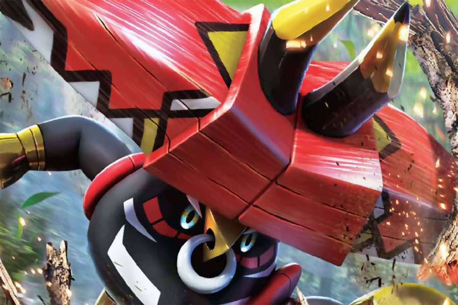 Punainen ja musta Pokémon keltaisine sarvineen murskaa puun läpi metsässä. — Tapu Bulu Taustakuvat