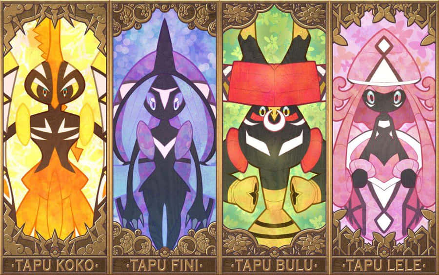 Fire Tapu Pokémon i glasmosaikstil med udsmykkede rammer og lyse farver. — Tapu Wallpapers