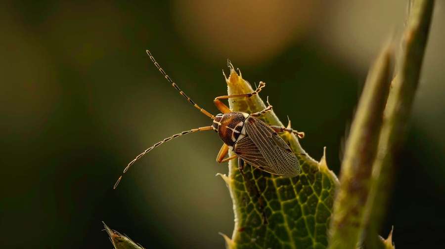 Ein kleines braun-weißes Insekt auf einem stacheligen grünen Blatt bei natürlichem Licht. — Tarnished Plant Bug Wallpaper