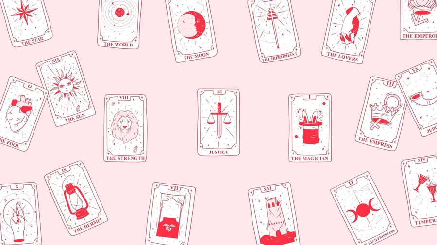 Tarot cards in red and white line art scattered on a pink background. — Tarot Aesthetic Wallpaper