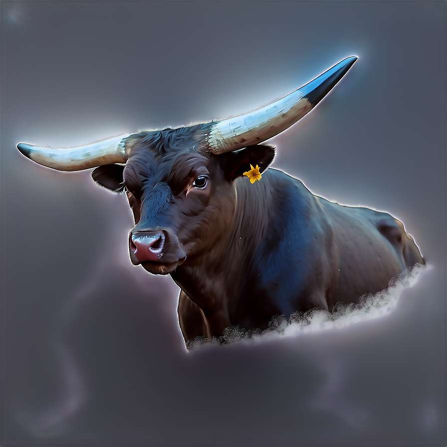A powerful dark bull with large horns emerges from mist with a glowing aura. — Taurus PNG
