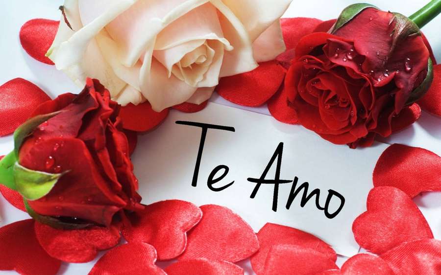 Rosas rojas y crema con pétalos en forma de corazón alrededor de una nota que dice 'Te Amo'. — Te Amo Fondos de pantalla