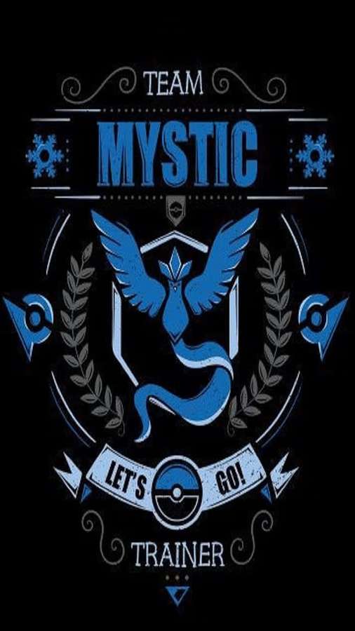 Team Mystic-Logo mit einem blauen Vogelemblem und 'Let's Go Trainer'-Banner. — Team Mystic Wallpaper