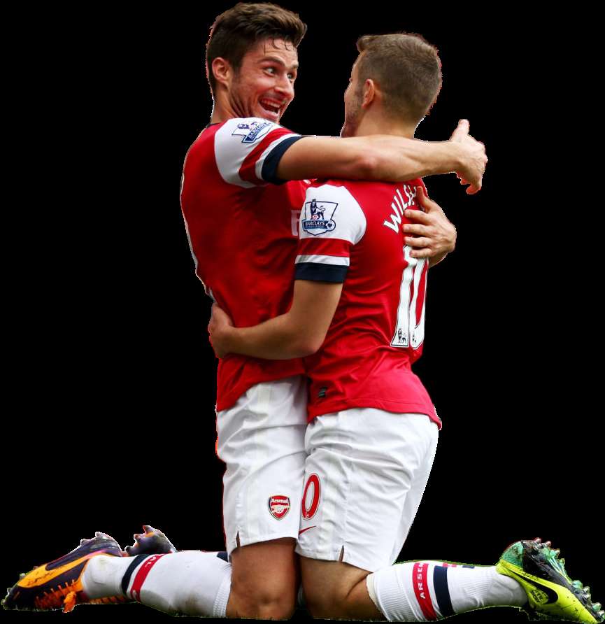 Two soccer players celebrating a goal with one kneeling and the other embracing him. — Teamwork PNG