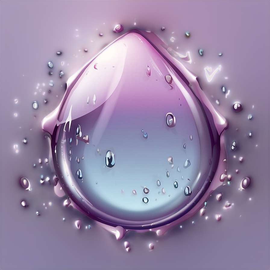 A large purple water droplet with smaller droplets around it on a lavender background. — Tears PNG