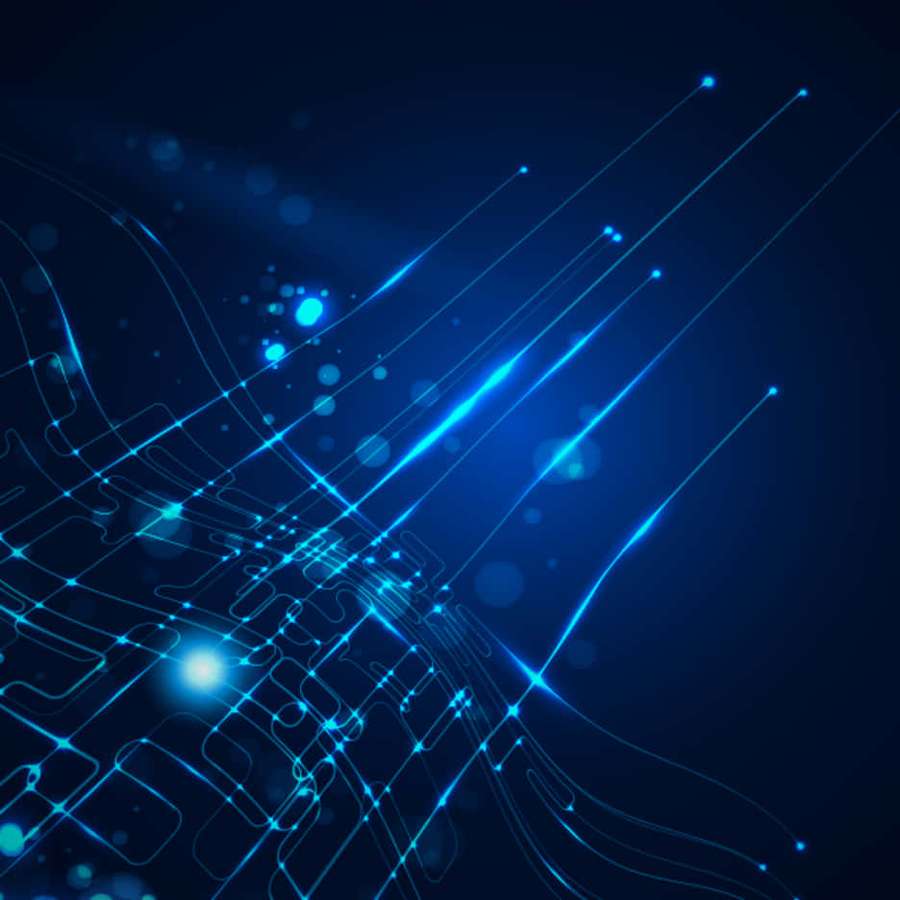 Blue glowing digital circuit lines and particles on a dark background. — Tech Background