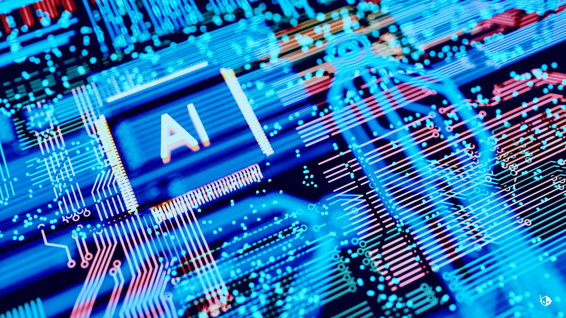 Close-up of a glowing blue circuit board with AI chip and digital pathways. — Technology Linkedin Background