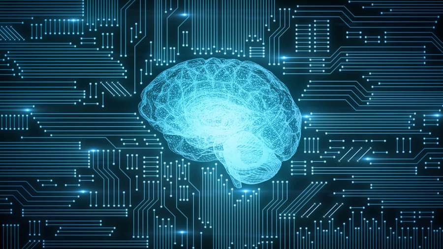 Glowing blue brain over dark circuit board with neon lines — Technology Picture