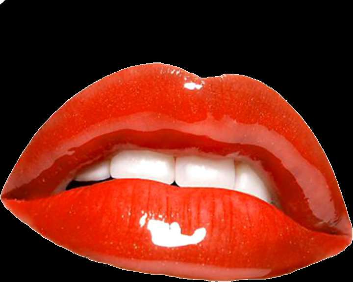 Glossy red lips parted to show white teeth against black background. — Teeth PNG