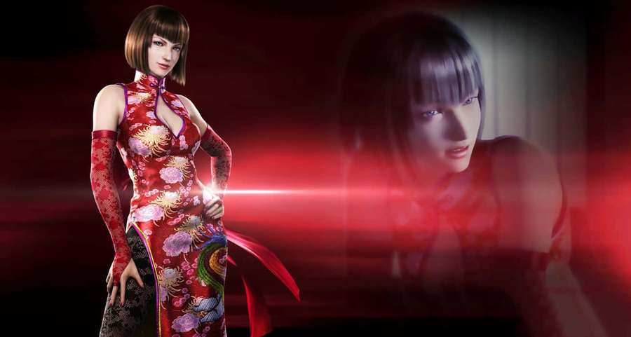 A woman in a red floral dress with a ghostly figure behind her in a dark red glow. — Tekken Characters Wallpaper