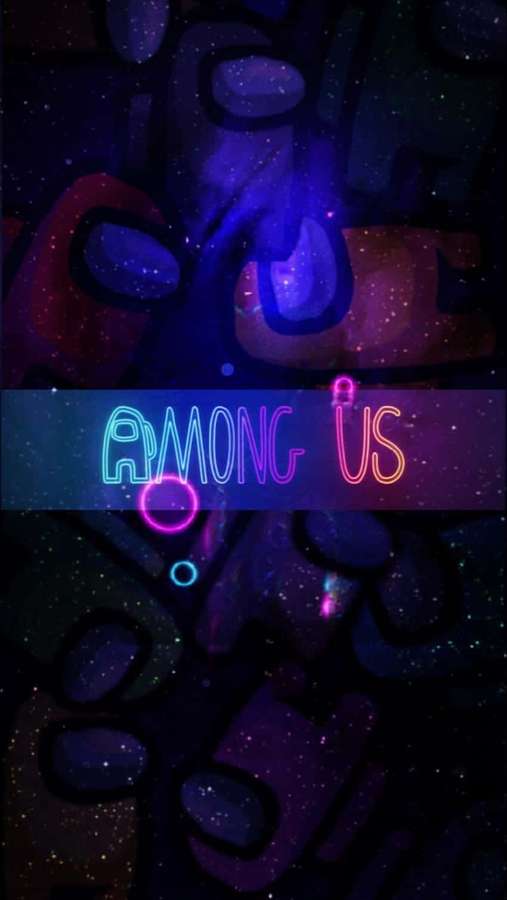 Título Among Us neon contra um fundo cósmico estrelado com formas abstratas. — Telefone Among US Papéis de Parede