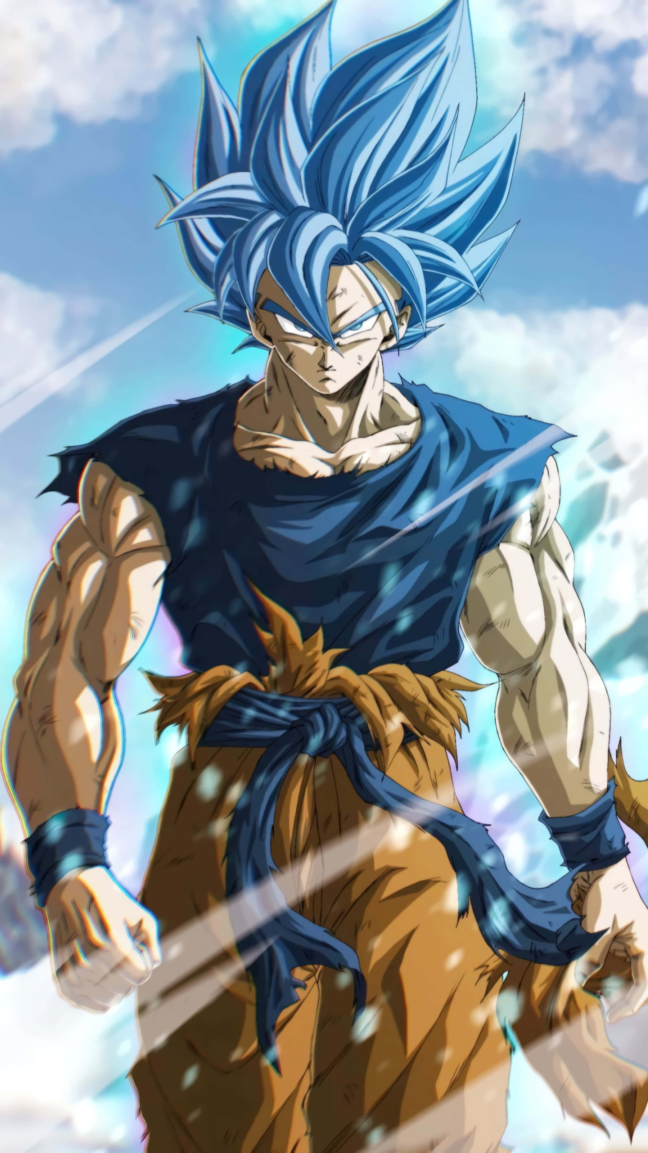 Personagem de anime com cabelo azul e olhos brilhantes em uma pose de luta dinâmica. — Telefone de anime Papéis de Parede