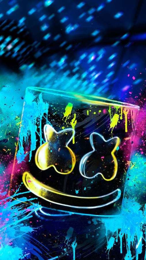 Máscara de Marshmello neon brilhante com gotas de tinta em um fundo colorido. — Telefone doente Papéis de Parede