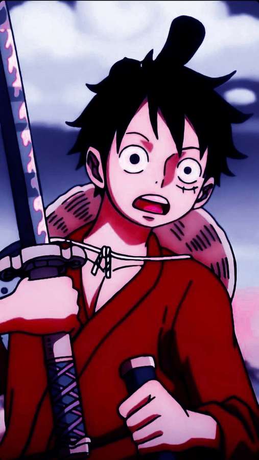 Personagem anime de manto vermelho segurando espada com expressão chocada. — Telefone Luffy Papéis de Parede