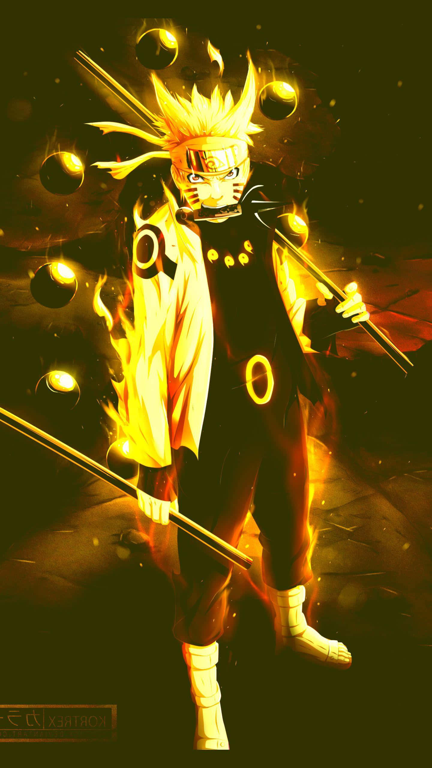 Ninja de anime Naruto em poderosa forma de chakra com orbes brilhantes e kunai. — Telefone Naruto Papéis de Parede