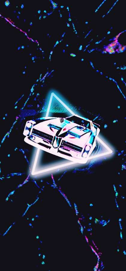 Um carro branco brilhante dentro de um triângulo neon flutuando em uma cena cósmica escura. — Telefone Rocket League Papéis de Parede