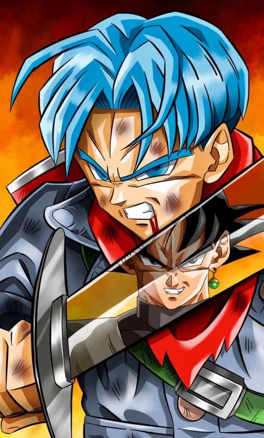 Dois personagens de anime em uma luta de espadas contra um fundo de fogo. — Telefone Trunks Papéis de Parede