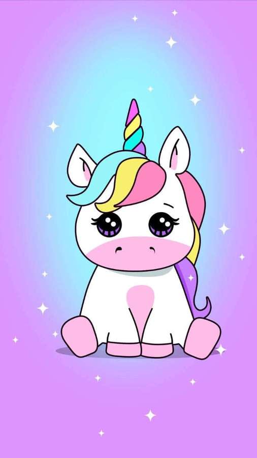 Um unicórnio de desenho animado com crina e chifre de arco-íris sentado em um céu roxo estrelado. — Telefone Unicórnio Papéis de Parede