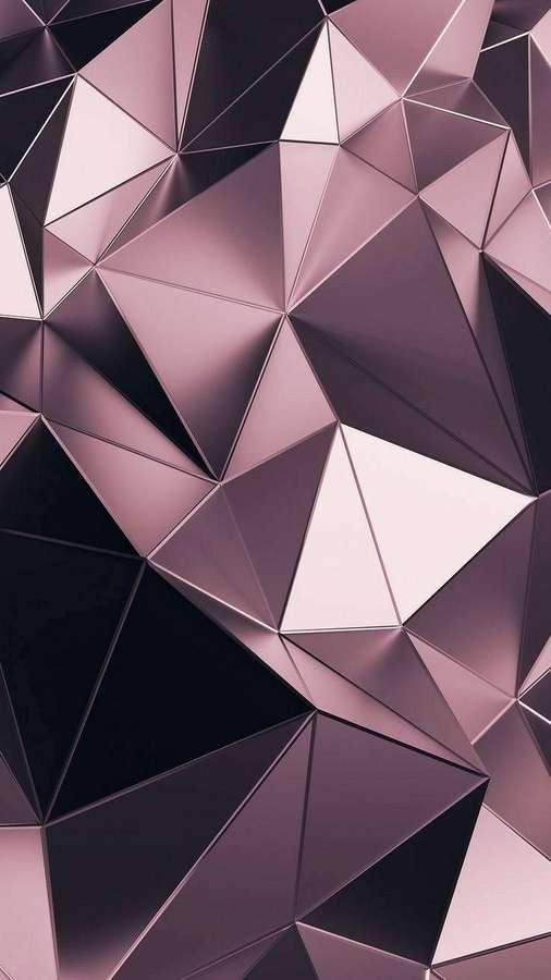 Patrón geométrico abstracto de triángulos rosa dorado y negro con brillo metálico. — Teléfono 3D Fondos de pantalla