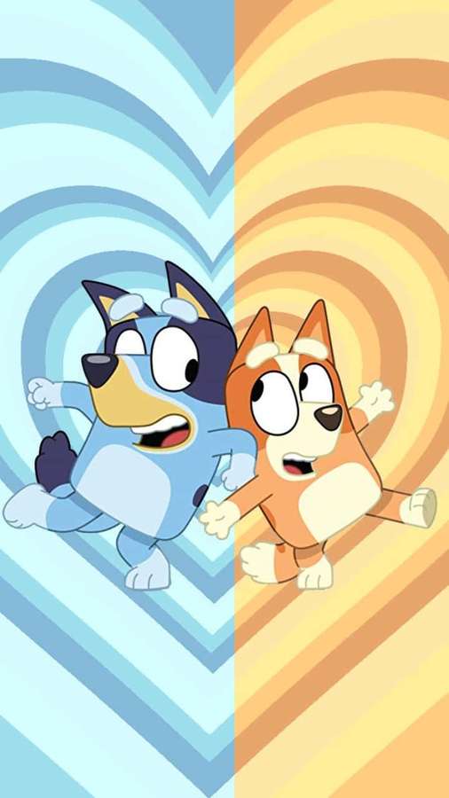 Dos perros animados corriendo a través de un fondo colorido en forma de corazón con remolinos. — Teléfono Bluey Fondos de pantalla