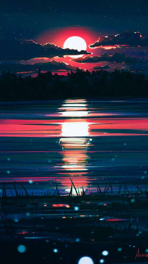 Luna roja reflejándose en agua oscura bajo un cielo nocturno estrellado con siluetas de árboles. — Teléfono hermoso Fondos de pantalla