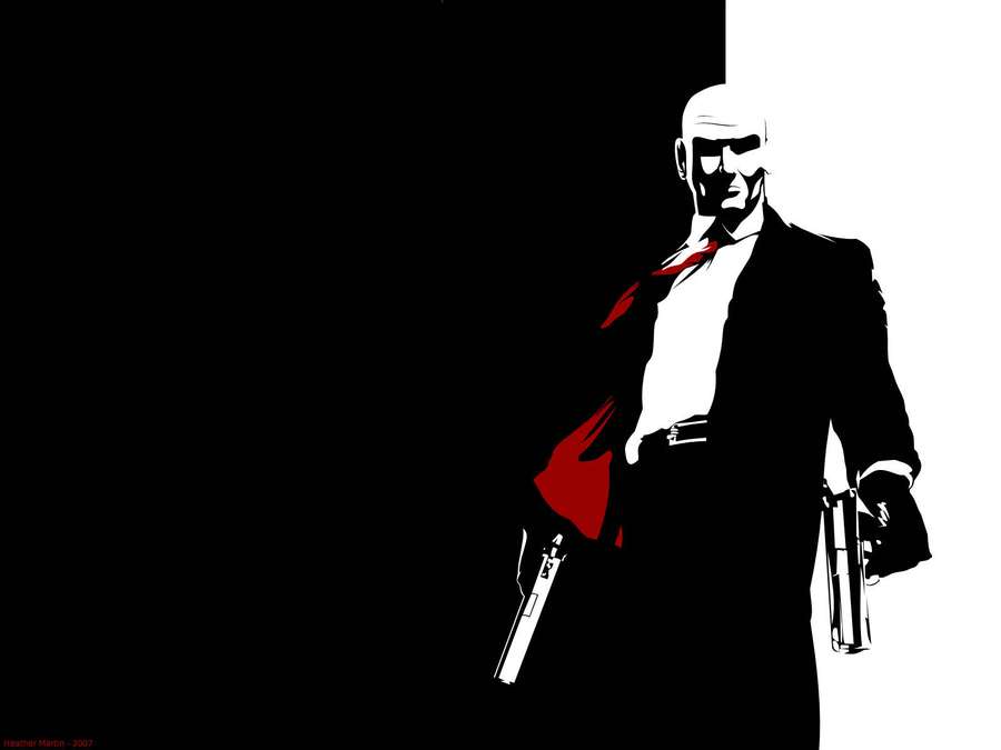 Un asesino calvo con traje sosteniendo dos pistolas con una corbata roja. — Teléfono Hitman Fondos de pantalla